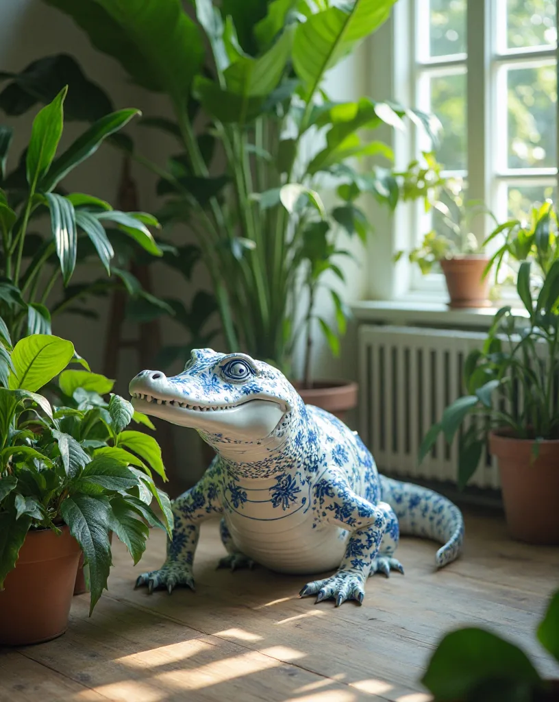 Frederik — O jacaré de porcelana Delft e as samambaias